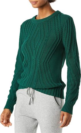 Amazon Essentials Women's 100% Cotton Crewneck Cable Sweater, Dark Green Medium