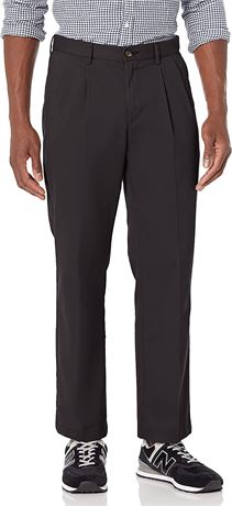 Men's Classic-Fit Wrinkle-Resistant Pleated Chino Pant Black, 34W x 32L