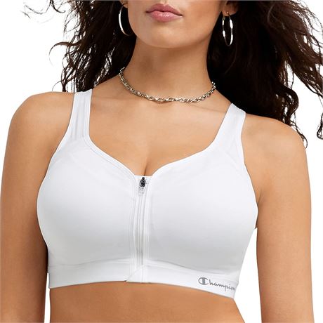 Champion womens Motion Control Zip Sports Bra, White, 36DD US