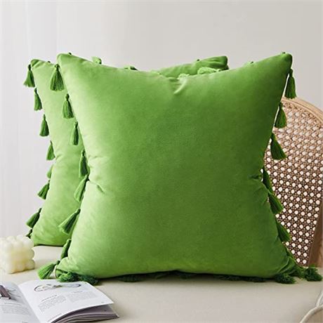 Topfinel Apple Green Decorative Throw Pillow Covers with Tassel, Set of 2