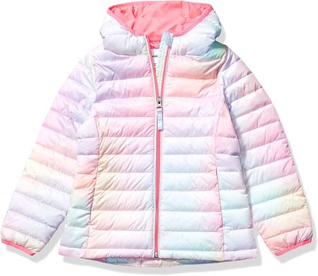 Girls' Lightweight Water-Resistant Packable Hooded Puffer Jacket, Pink X-Large