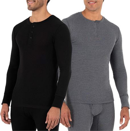 Fruit of the Loom Men's Waffle Thermal Henley Top (2Pk) - Black/Grey - Medium