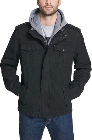 Levi's Men's Washed Cotton Military Jacket with Removable Hood - Black, Large