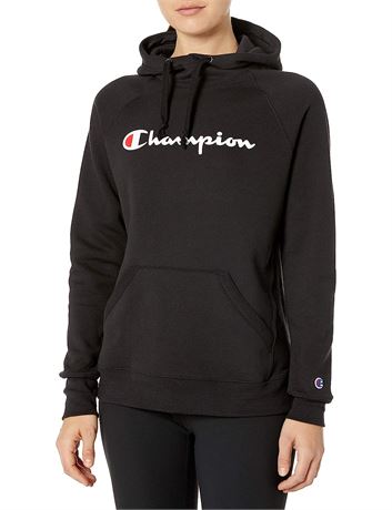 Champion Women's Powerblend Fleece Hoodie, Script Logo - Black - Small