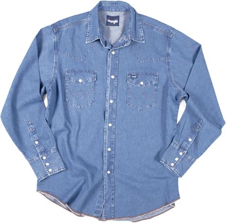 Wrangler Tall Mens Stonewash Denim Western Shirt, Blue L-T