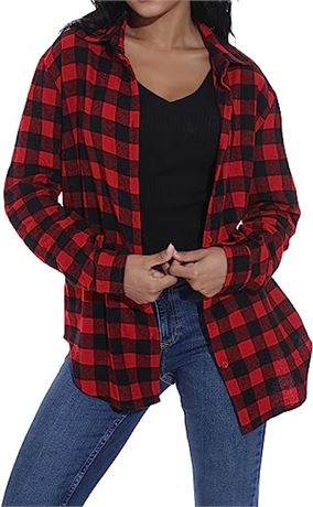 GUANYY Women's Classic Plaid Button Down, Loose Fit and Long Sleeves, Med