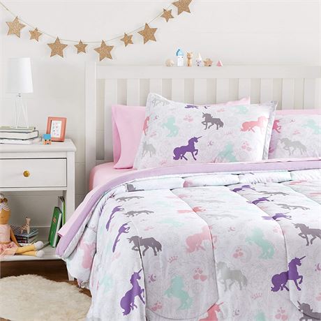 Amazon Basics Kid's MicrofiberBedding Set, 7-Piece Set, Twin, Purple Unicorns