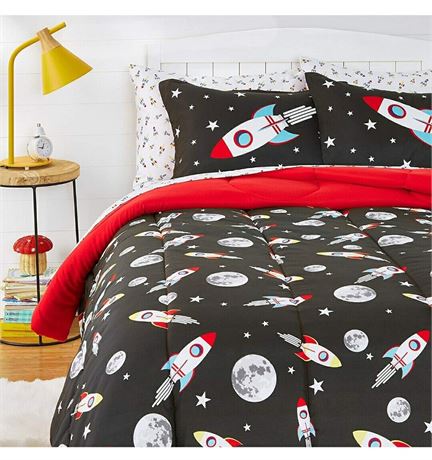 Kids Easy Wash Microfiber Bedding Set Full/Queen, Space Rockets