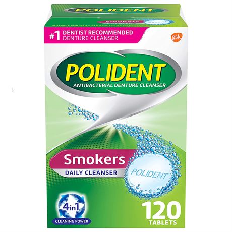 Polident Smokers Antibacterial Denture Cleanser Effervescent Tablets - 120Ct