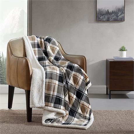 Eddie Bauer- Throw Blanket, Reversible Sherpa Fleece Bedding - Plaid Black/Brown