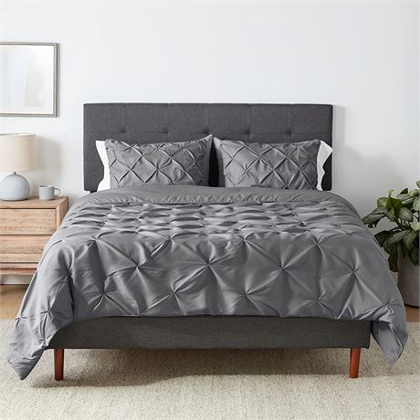 Amazon Basics Pinch Pleat Comforter Bedding Set, Full/Queen, Dark Grey