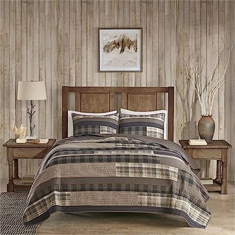 Woolrich Reversible Quilt Set with Shams, King/Cal King, Winter Stripes Taupe