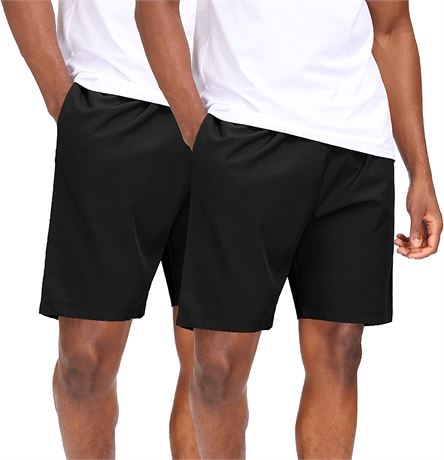 HMIYA Men's Sports Shorts with Zip Pockets 2-Pack, XL, Black/Black