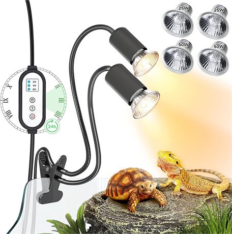 Reptile Heat Lamp, Dual-Head UVA/B Reptile Light with Cycle Timer