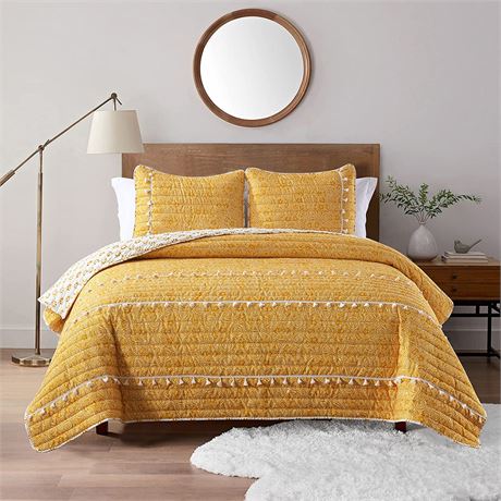 HORIMOTE HOME Boho Style Yellow Queen Quilt Set w/ Tassle 2 Shams Unknown Hair