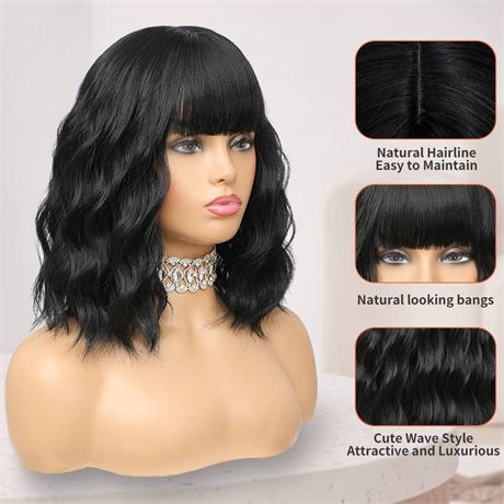 Elfairy Black Wig with Bangs Wig for Women 12in Short Bob