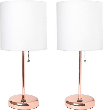 Limelights 2PK Rose Gold Stick Lamp, USB Charging Port and White Fabric Shade