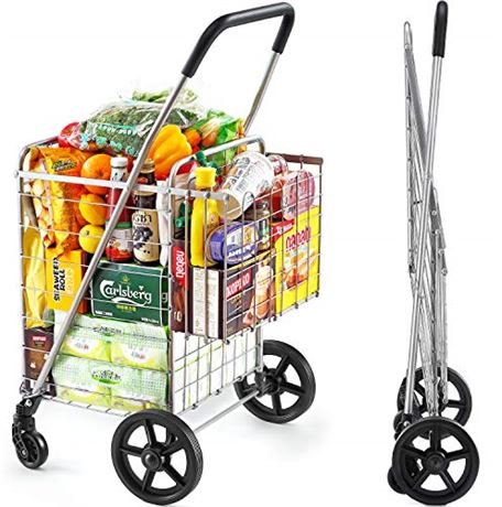 Wellmax Shopping Cart with Wheels, Metal Grocery Cart with Wheels