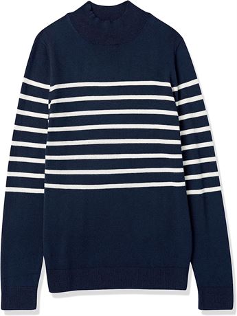 Amazon Essentials Women's Mockneck Sweater, Large, Navy/White Striped