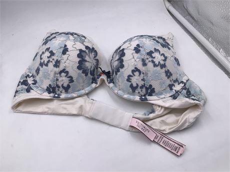 Victoria's Secret Push-Up Bra, 34C, White/Light Blue/Navy Lace