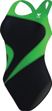 TYR Sport Women's Alliance T-Splice Maxfit Swimsuit, Size 36, Black/Green