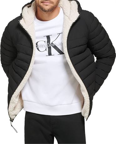 Calvin Klein Men's Hooded Down Jacket Quilted Coat Sherpa Lined XL