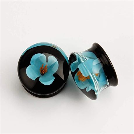 KUBOOZ 1 Pair Glass Blue Flower Ear Gauges, 8-16mm