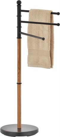 MyGift 40 Inch Black Steel Bathroom Towel Rack with 3 Swivel Arms & Oak Finish