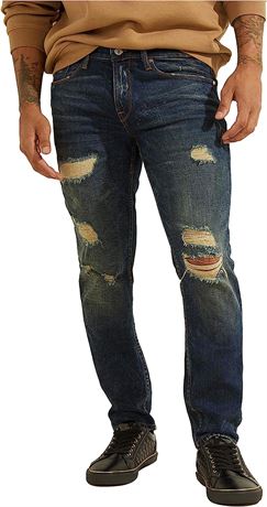 GUESS Men's Mid Rise Slim Fit Tapered Leg Ripped Jean, 32W X 32L, Dark Wash