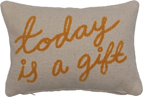 Embroidered Cotton Lumbar Today is A Gift in Script Pillow, Cream & Mustard