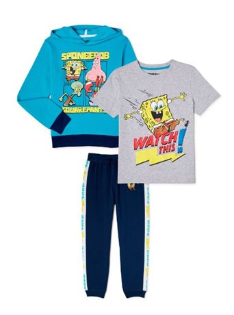 SpongeBob SquarePants Boys Graphic T-Shirt, Hoodie & Joggers, 3-Piece Set, Med.