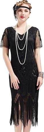 BABEYOND 1920s Art Deco Fringed Sequin Dress, 3XL