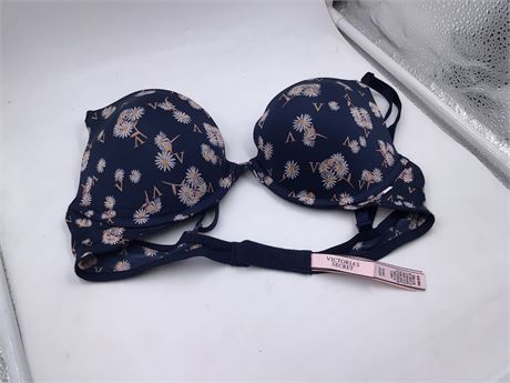 Victoria's Secret Push-Up Bra, 34B, Navy/Sunflower Print/VS Logo