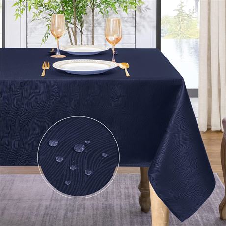 Softalker Jacquard Swirl WaterproofT ablecloth, 60 x 84 inch, Navy Blue