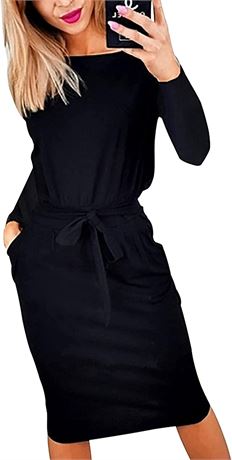 PRETTY GARDEN Womens's Long Sleeve Belted Party Bodycon Dress - Black - XL