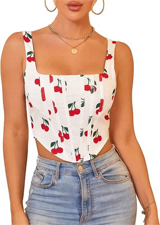 KUTUMAI Women's Summer Floral Corset Crop Top, XL, Cherry Pattern