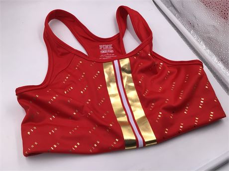 Victoria's Secret Pink Ultimate Sports Bra, Medium, Red/Gold VS Logo/Stripes