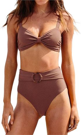 CUPSHE Women's Bowknot Bikini, High Waisted Belted Bathing Suit, M Brown