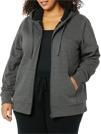 Amazon Essentials Women's Sherpa-Lined Hooded Jacket, Charcoal Heather, Large