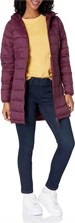 Amazon Essentials Women's Lightweight Hooded Puffer Coat , Burgundy, Large