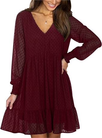 FAMITION Womens Swiss Dot Dress, XL, Red Wine