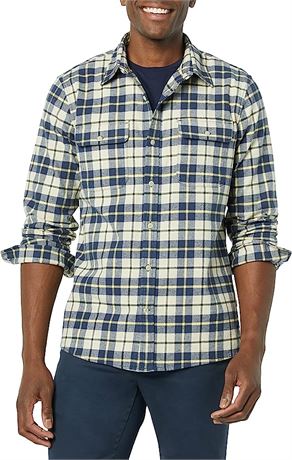 Goodthreads Men's Standard-Fit Long-Sleeve Stretch Flannel Shirt, Beige Plaid, L