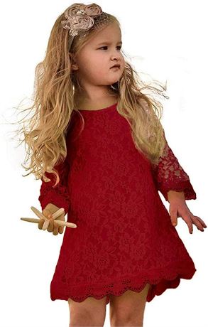 Flower Girl Kids Dress, Lace Dress 3/4 Sleeve (Red)