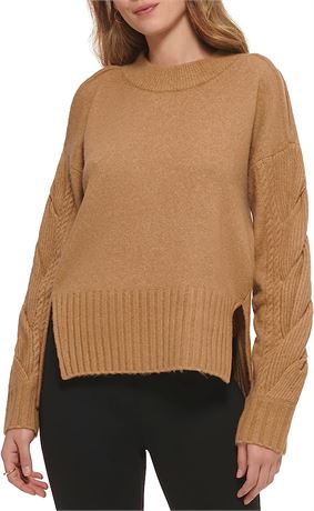 DKNY Women's Mock Neck Split Shoulder Cozy Sweater, Small, Fawn