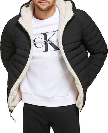 Calvin Klein Men's Hooded Down Jacket Quilted Coat Sherpa Lined, Med