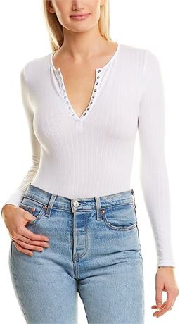 Yummie Katrina Long Sleeve Cotton Ribbed Seamless Henley Bodysuit, Sm/Med