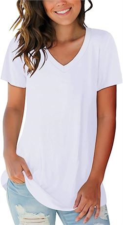 SAMPEEL Women's V Neck Casual Summer Basic Tops, Large, White