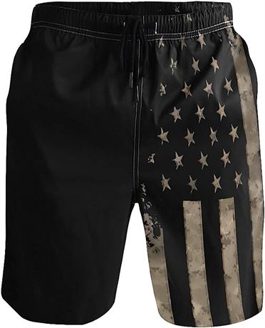 American Flag Men's Summer Surf Swim Trunks - Black/White - Large