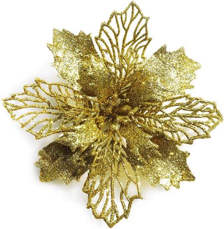 12 Pcs 6.3" Diameter Glitter Christmas Flowers Gold Poinsettia Artificial Flower