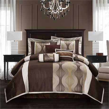 Nanshing Kath Collection Bedroom Comforter Set, 7 Piece, Brown, King